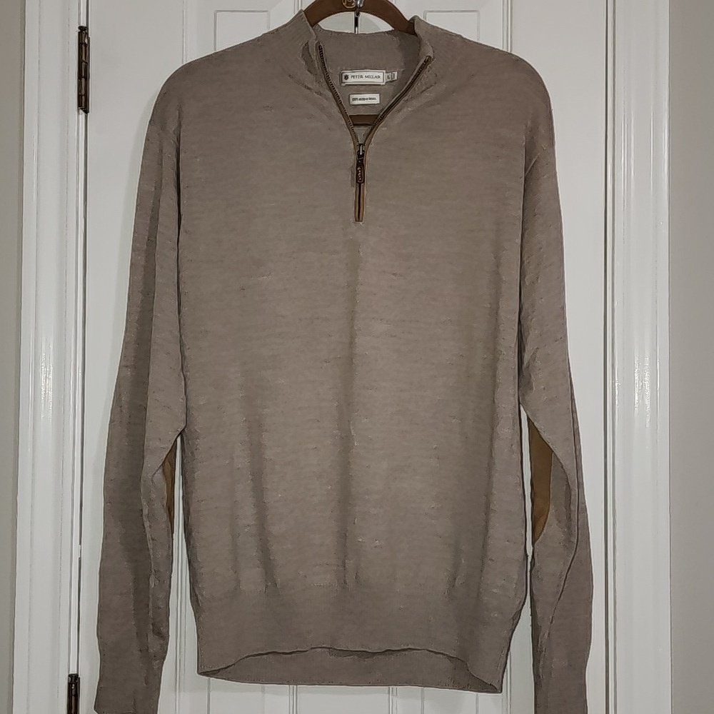 NWOT Peter Millar 100% Merino Wool Quarter Zip Sweater Brown Elbow Patch…​​